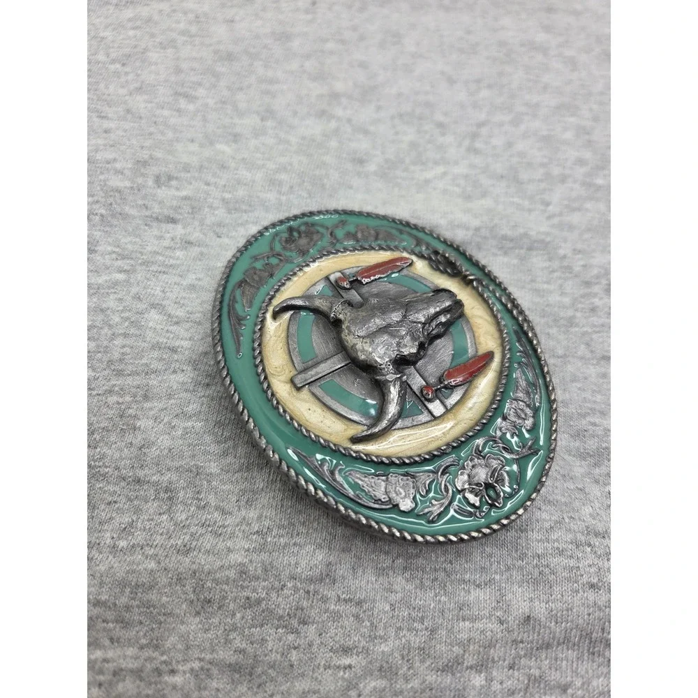 Rare 1981 Siskiyou Buffalo Skull Feathers Green Enamel Native Belt Buckle USA